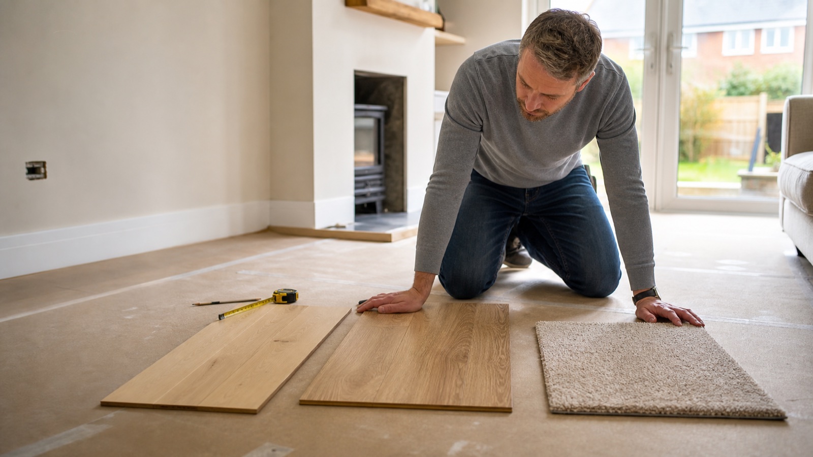 Homeowner comparing wood and carpet flooring samples in a bright UK living room