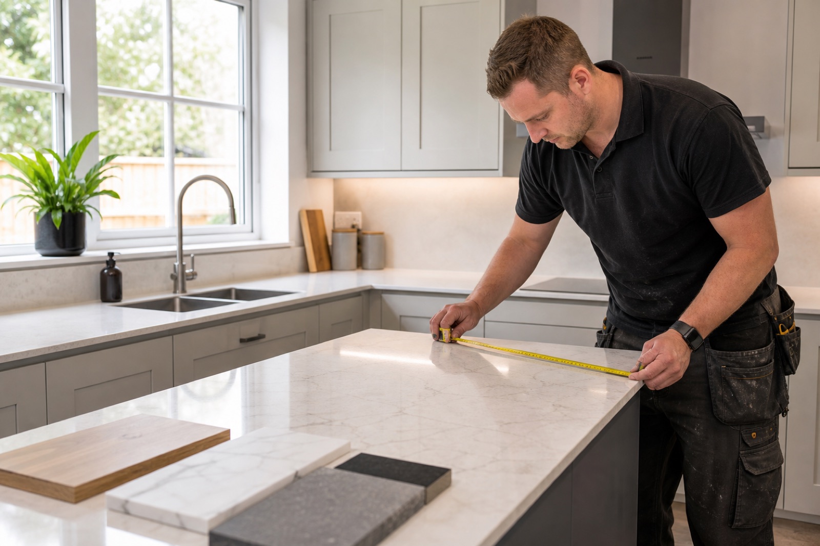 Kitchen fitter measuring a new worktop in a modern UK kitchen