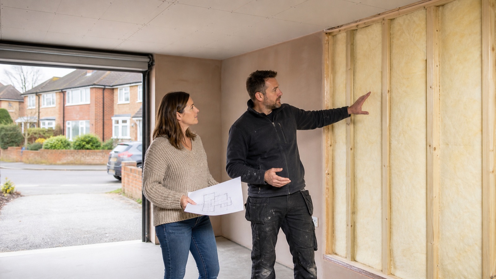 Homeowner discussing insulation during a garage conversion with a builder at a UK home.