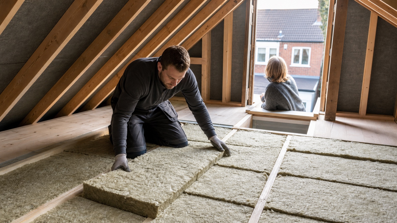 Professional installer laying mineral-wool loft insulation in a UK home