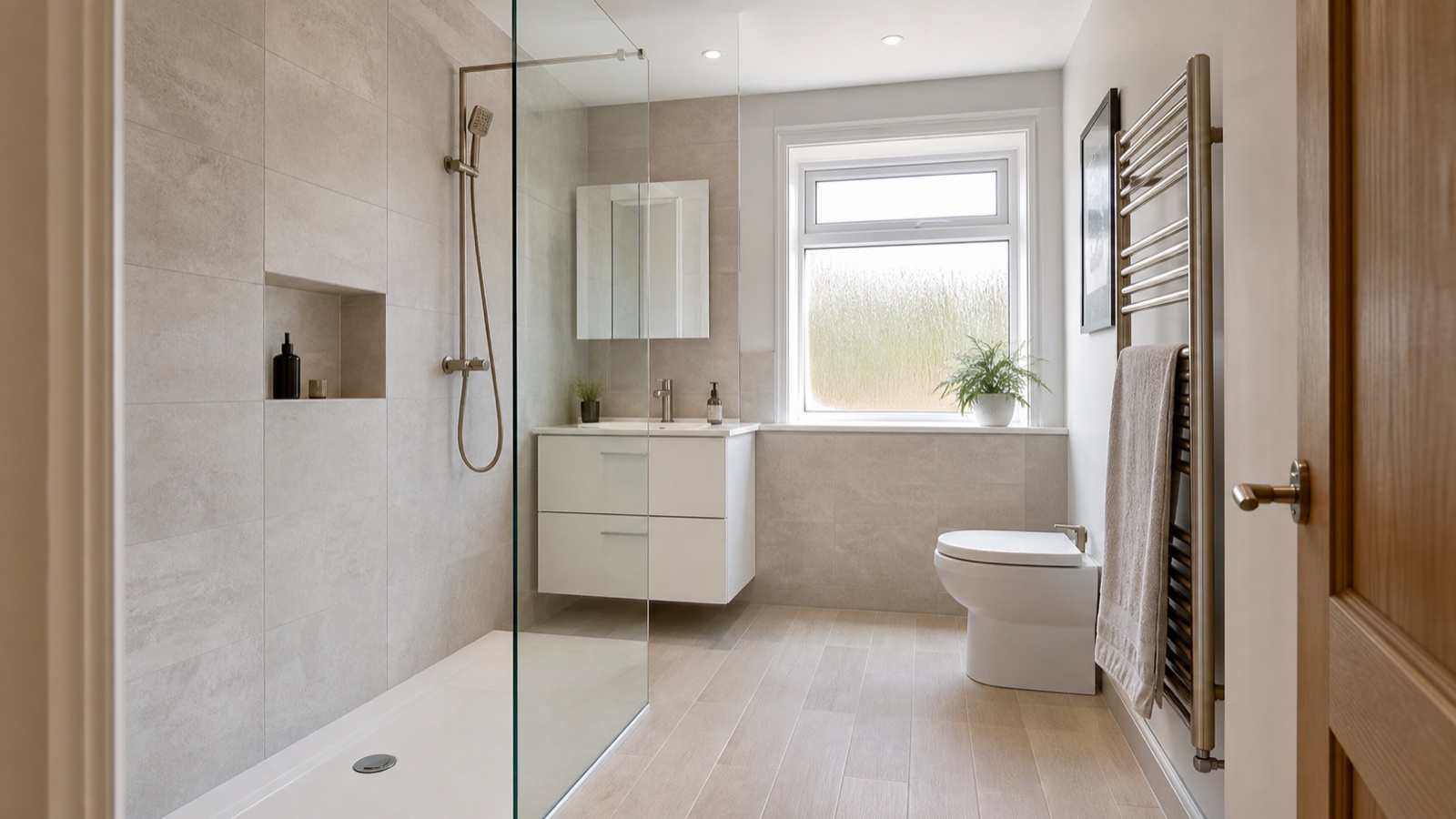 Modern UK family bathroom with walk-in shower, vanity unit and heated towel rail