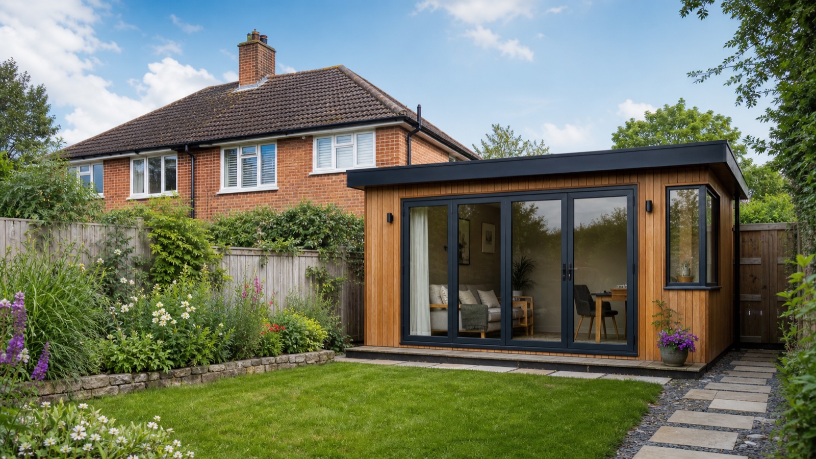 Modern timber garden room in a landscaped UK suburban garden